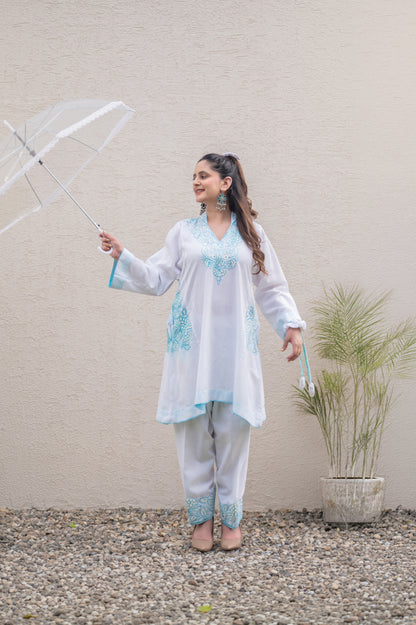 White Cotton Blue Co-ord Set