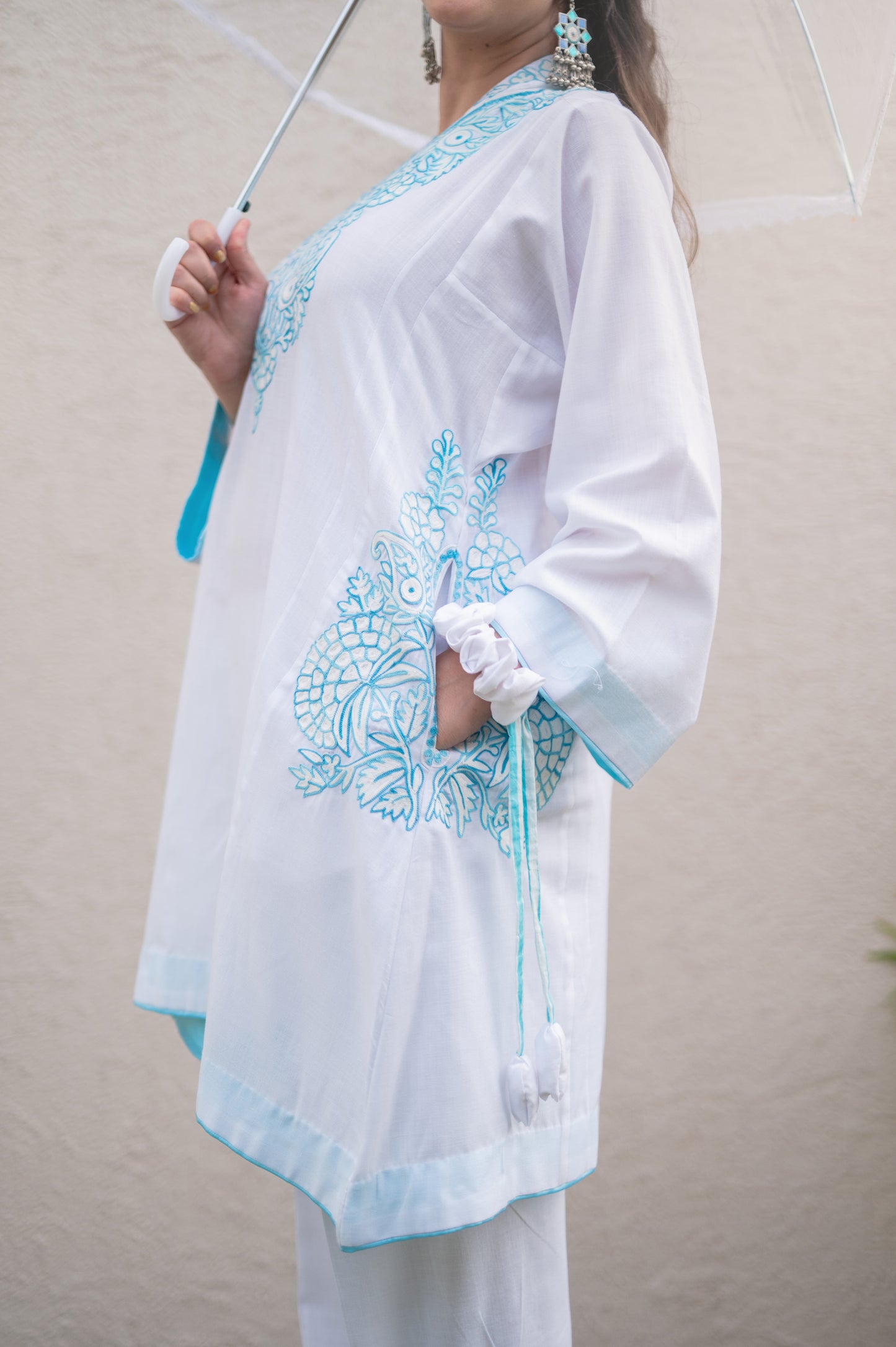 White Cotton Blue Co-ord Set