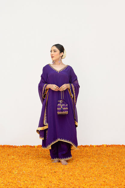 Dark Purple Crepe Tilla Minimal Suit with Potli