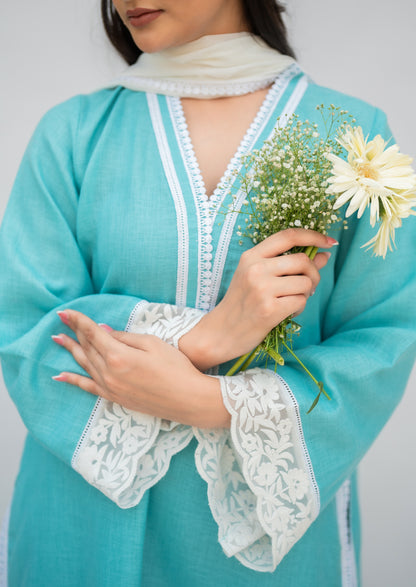 Aqua Blue Linen Suit with Ombre Dupatta