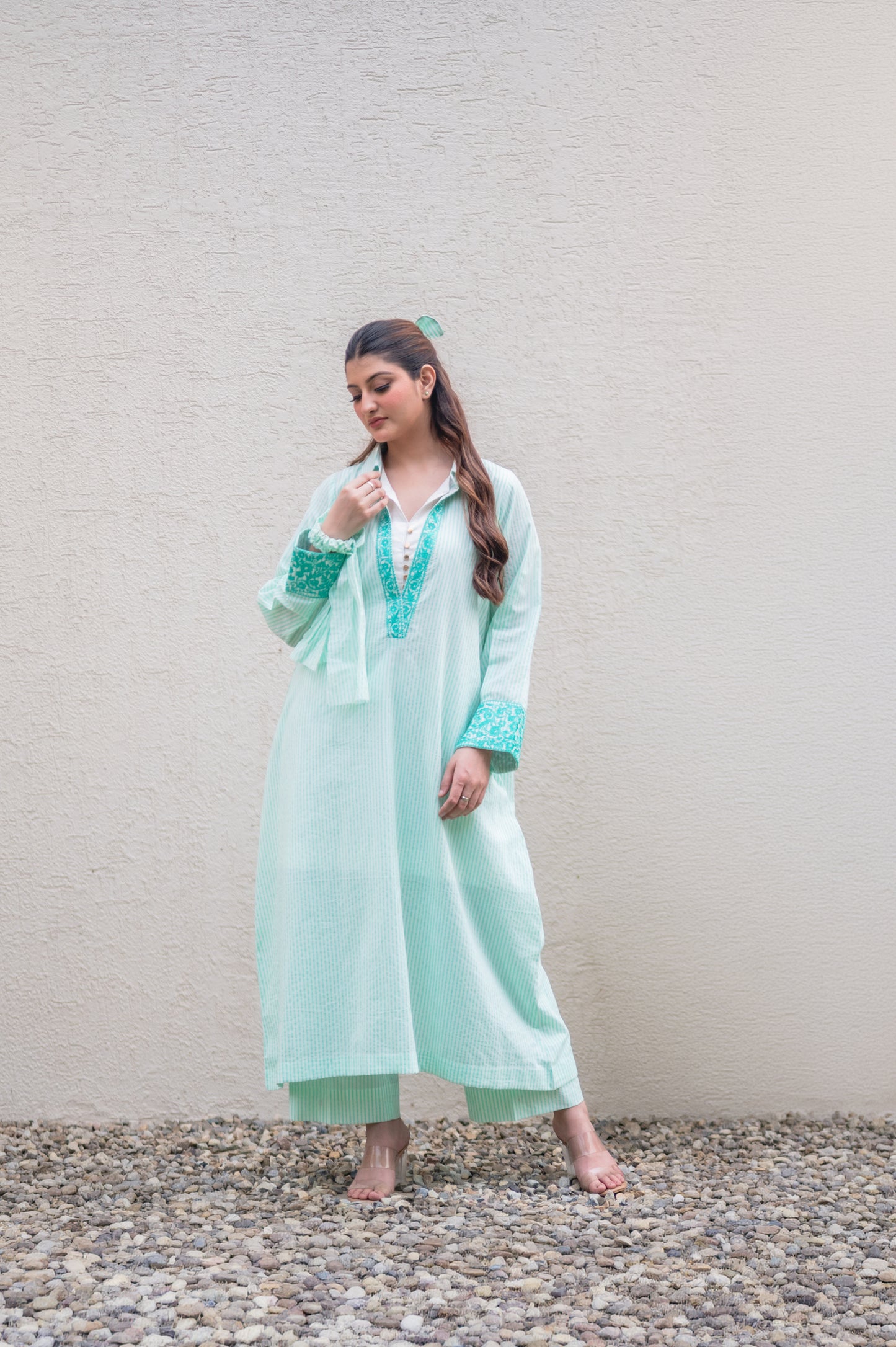 Light Teal Stripes Kurta Set