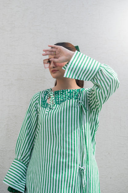 Dark Green Stripes Kurta Set