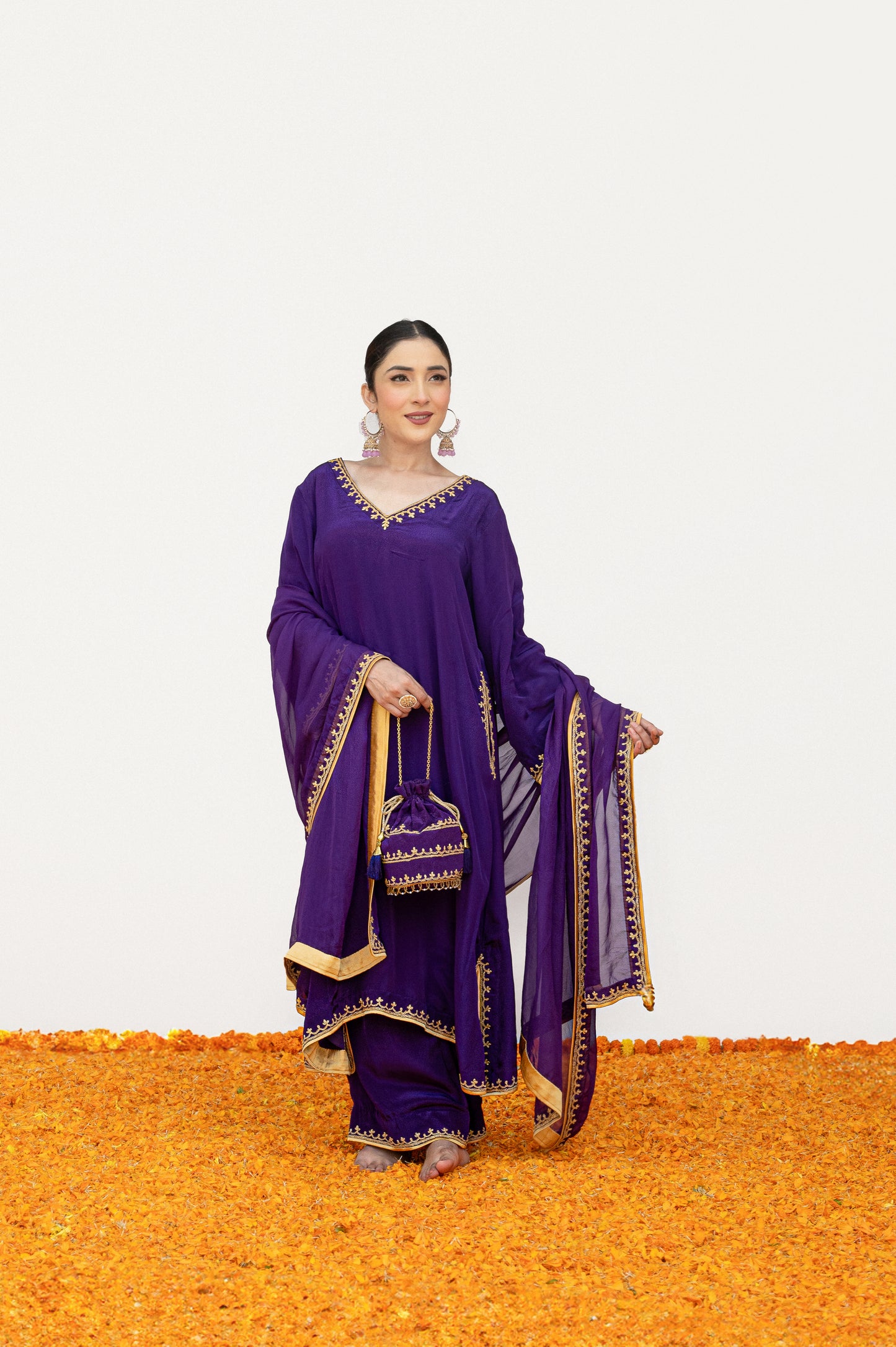 Dark Purple Crepe Tilla Minimal Suit with Potli