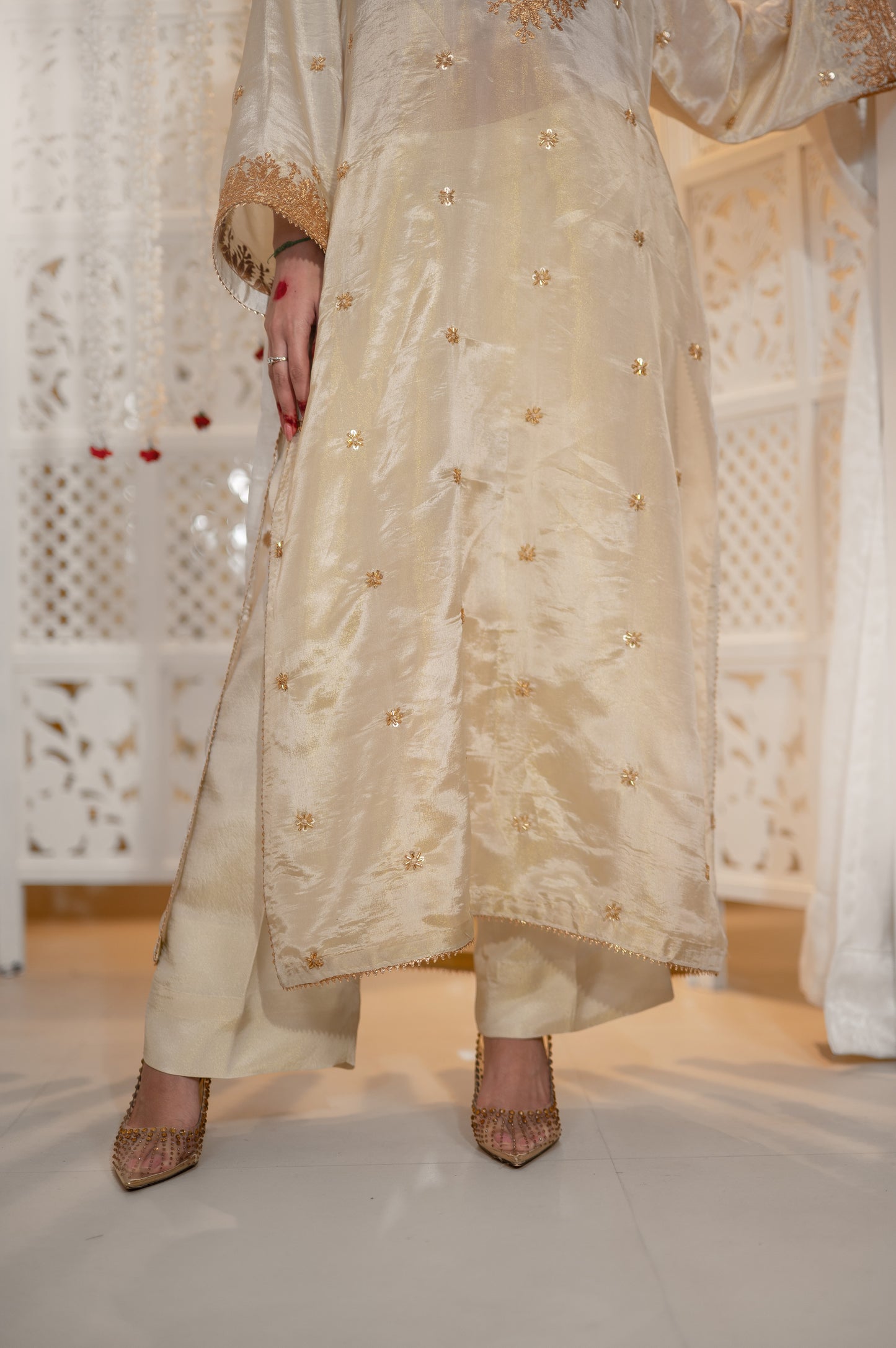 Off White Satin Tissue Kurta Blouse Set