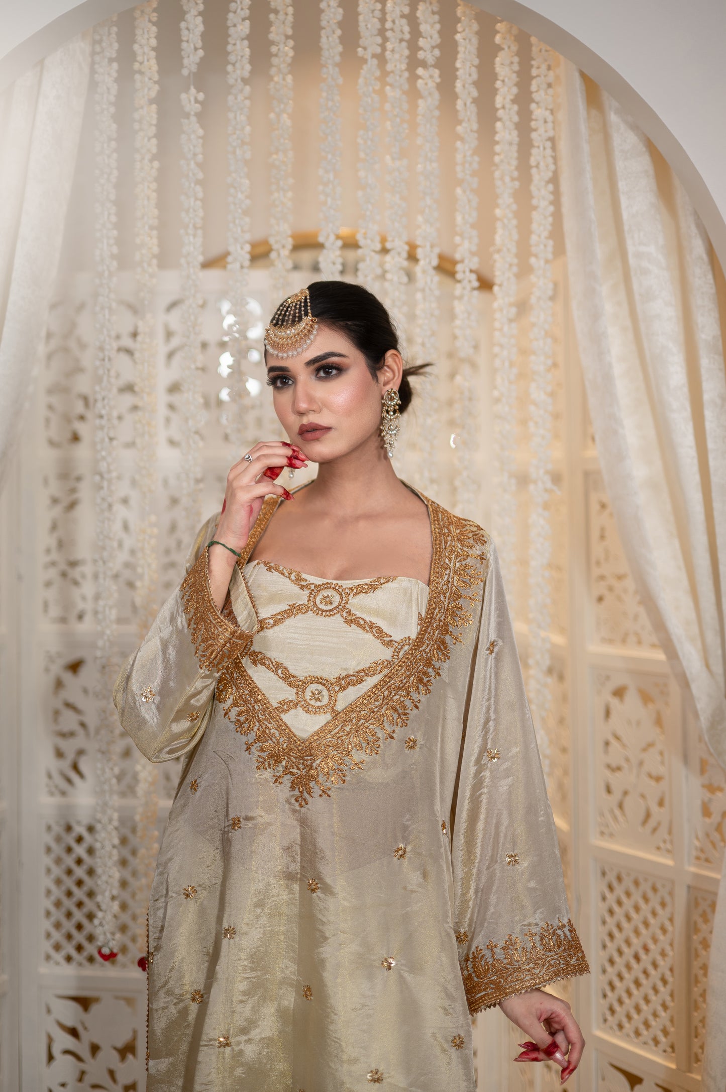 Off White Satin Tissue Kurta Blouse Set