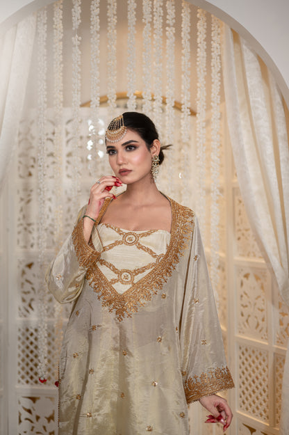 Off White Satin Tissue Kurta Blouse Set