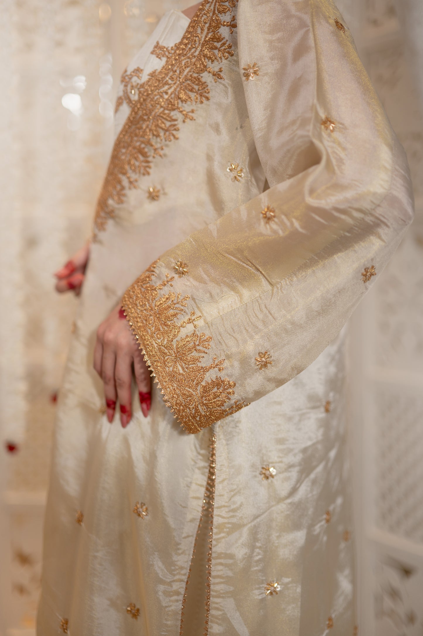 Off White Satin Tissue Kurta Blouse Set