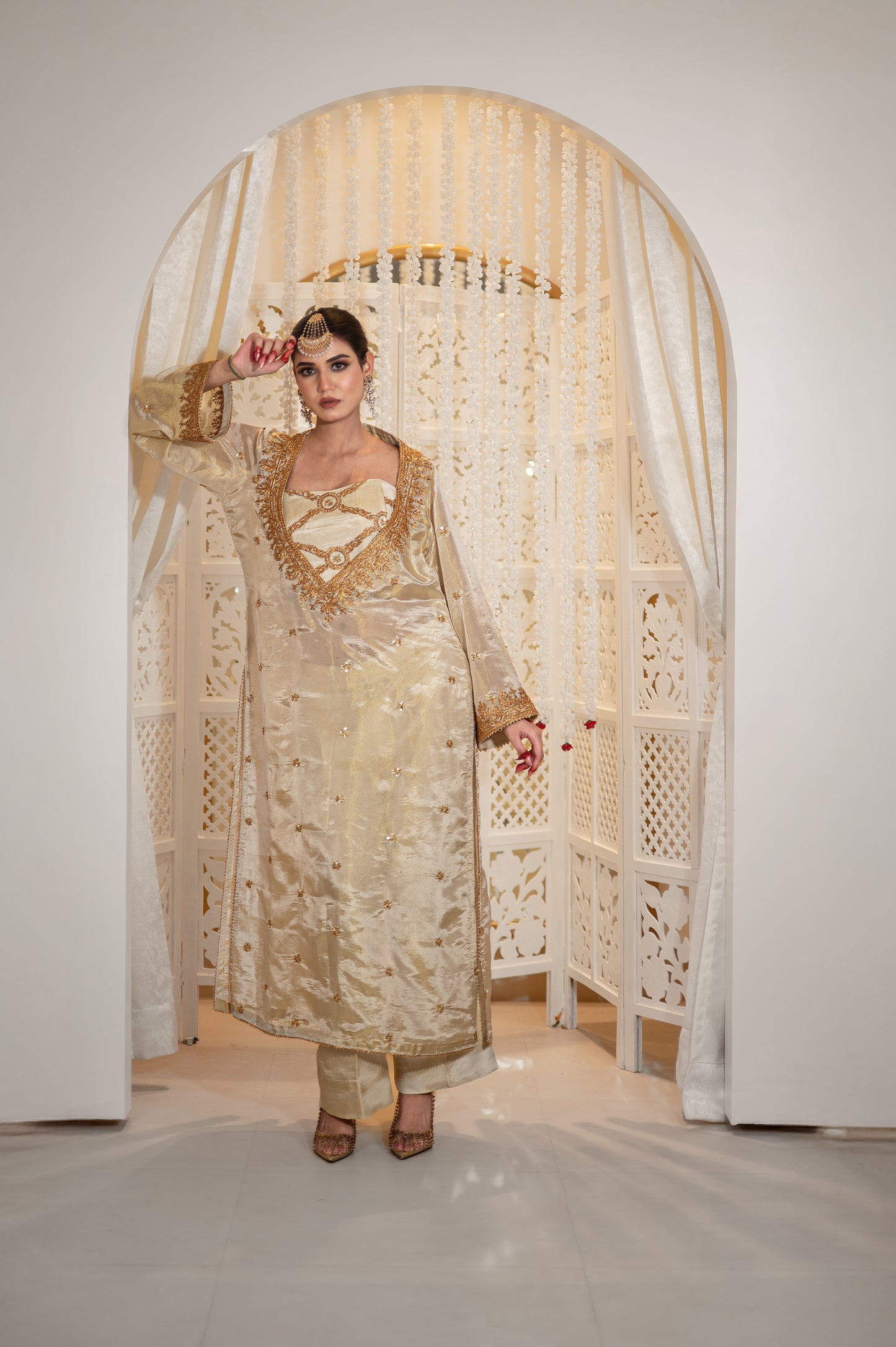 Off White Satin Tissue Kurta Blouse Set