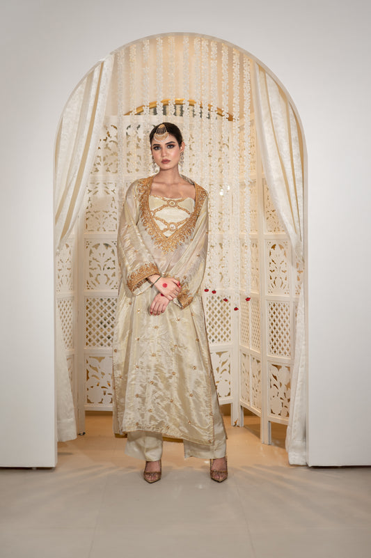 Off White Satin Tissue Kurta Blouse Set