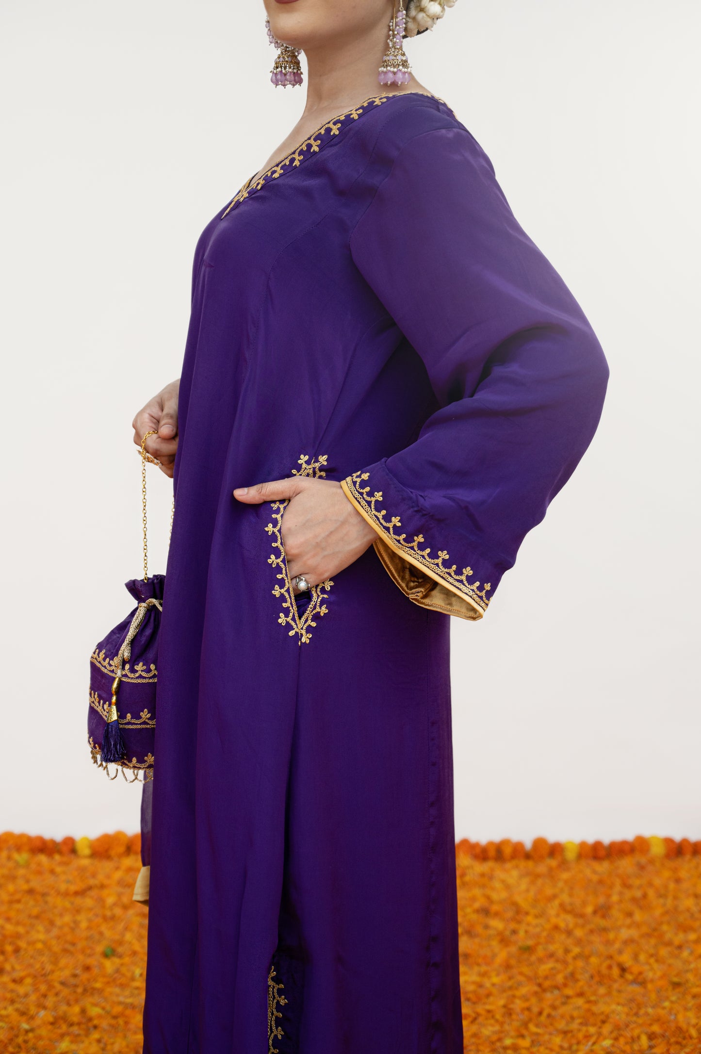 Dark Purple Crepe Tilla Minimal Suit with Potli