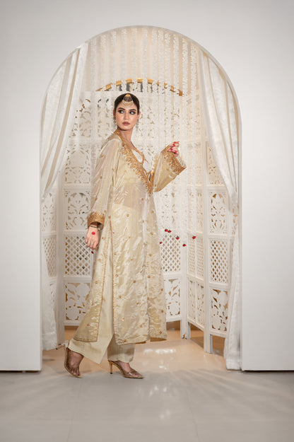 Off White Satin Tissue Kurta Blouse Set
