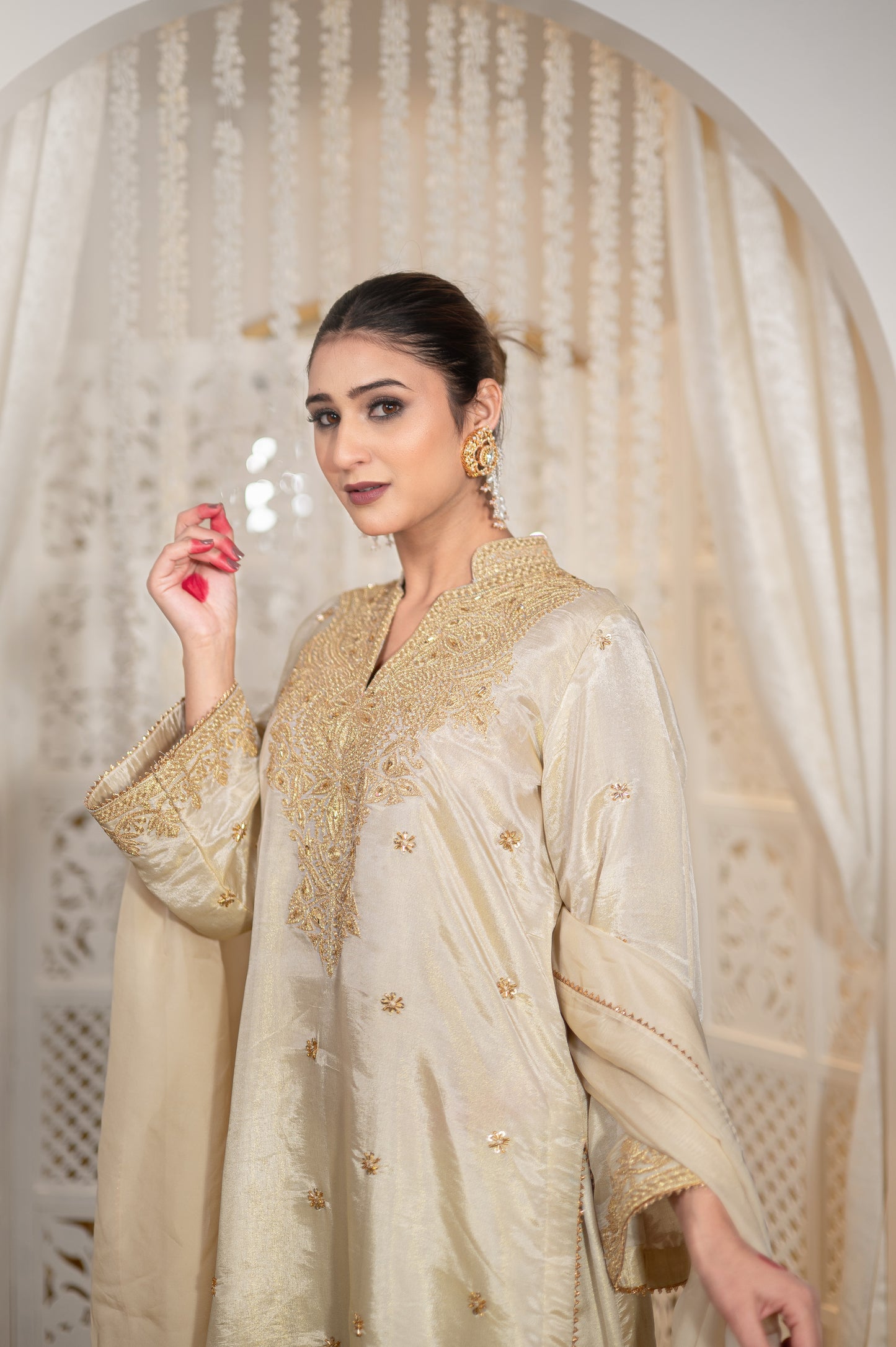 Off White Satin Tissue Kashmiri Gala Suit