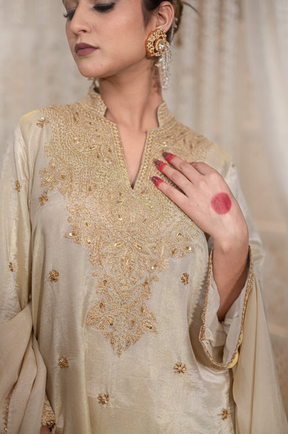 Off White Satin Tissue Kashmiri Gala Suit