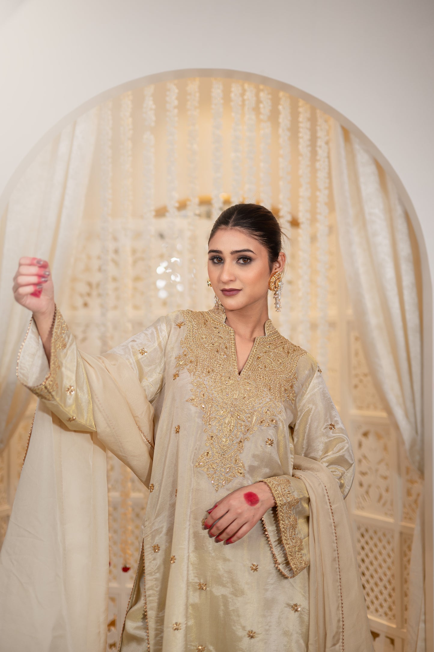 Off White Satin Tissue Kashmiri Gala Suit