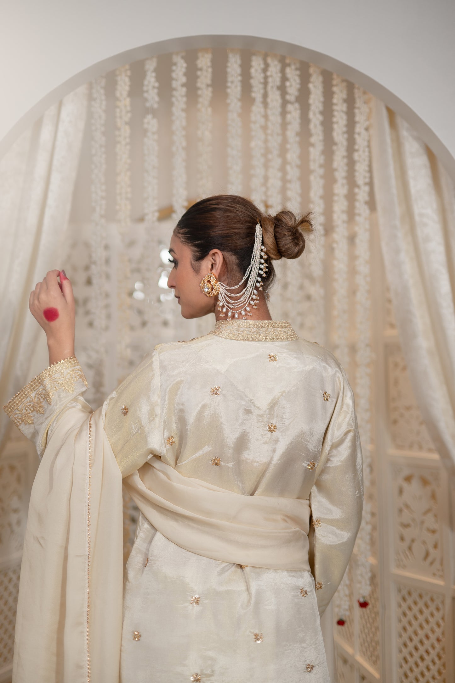 Off White Satin Tissue Kashmiri Gala Suit