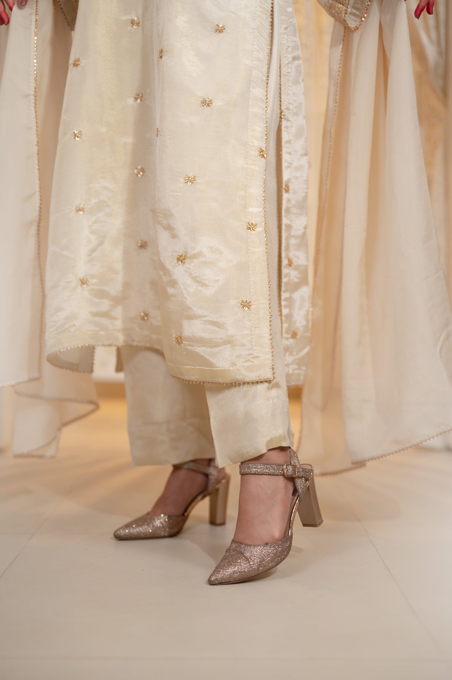 Off White Satin Tissue Kashmiri Gala Suit
