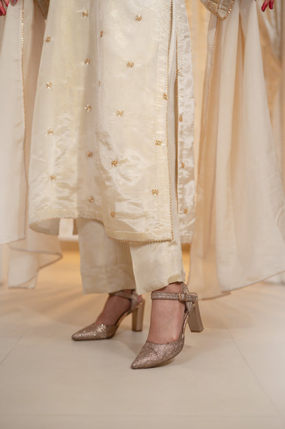 Off White Satin Tissue Kashmiri Gala Suit