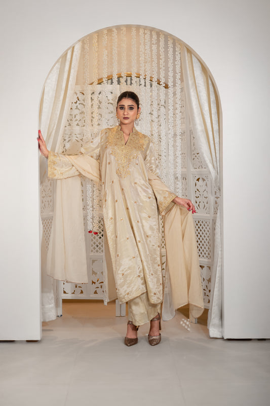 Off White Satin Tissue Kashmiri Gala Suit