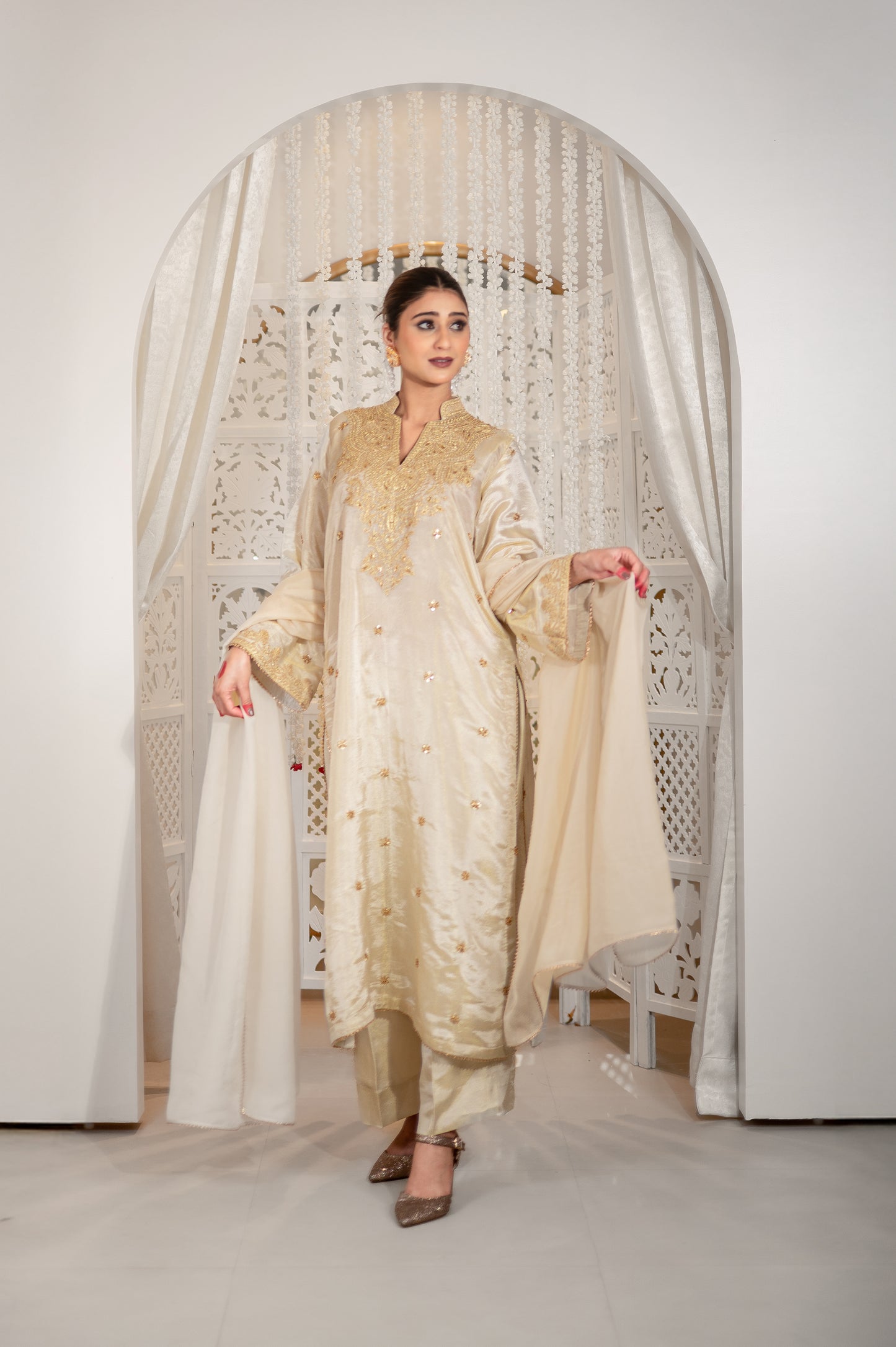 Off White Satin Tissue Kashmiri Gala Suit