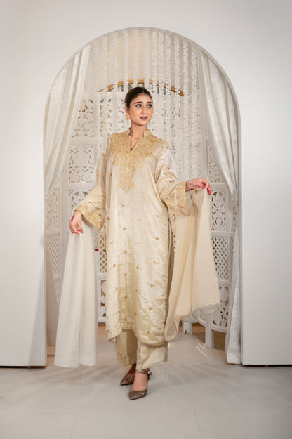 Off White Satin Tissue Kashmiri Gala Suit