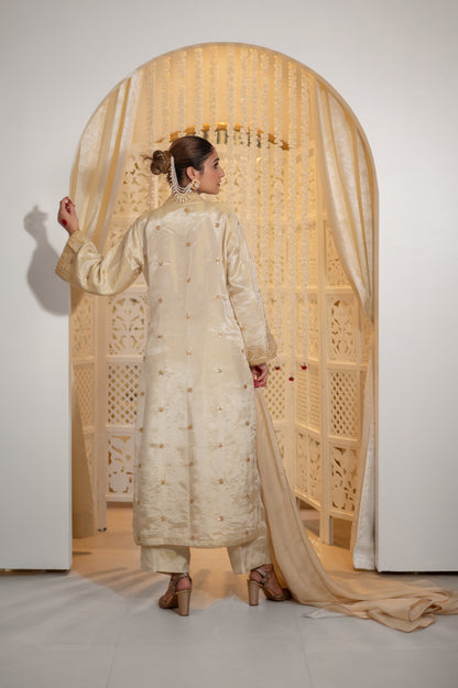 Off White Satin Tissue Kashmiri Gala Suit