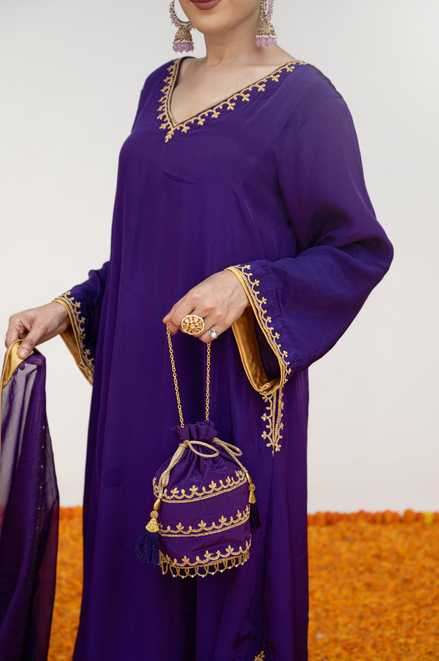 Dark Purple Crepe Tilla Minimal Suit with Potli