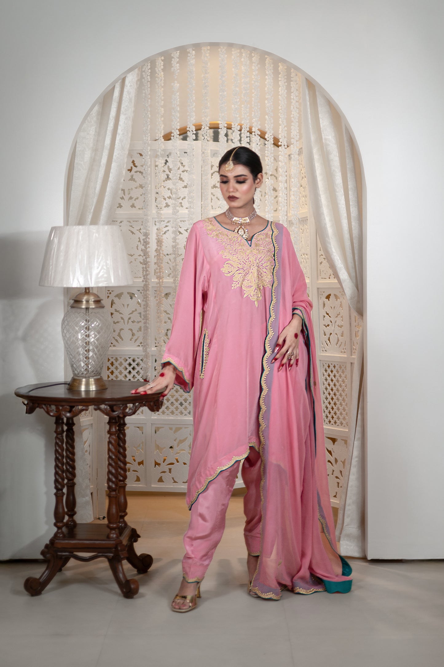 Pink Crepe Cutwork Suit