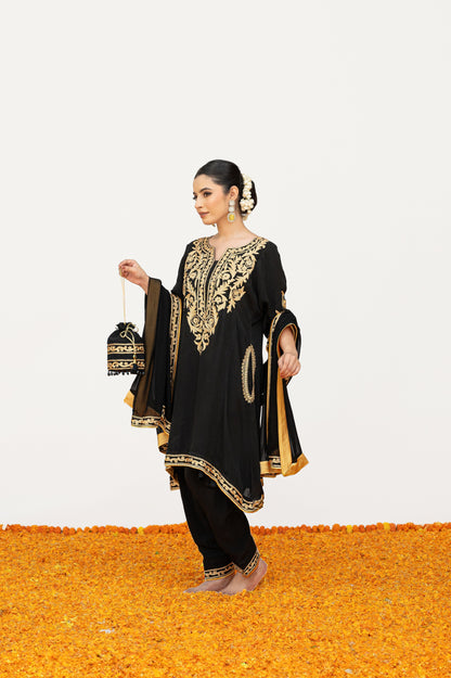 Black Crepe Aari Tilla Suit with Potli