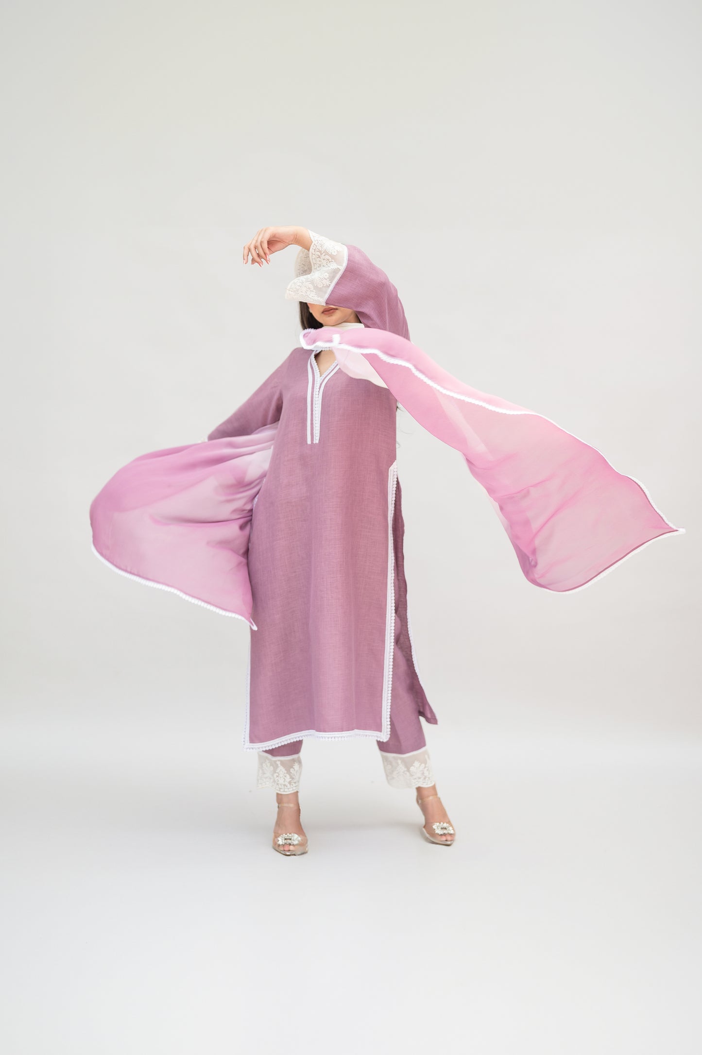 Lavender Linen Suit with Ombre Dupatta