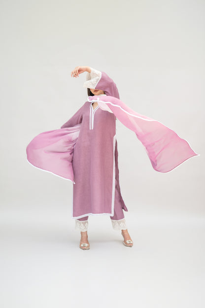 Lavender Linen Suit with Ombre Dupatta