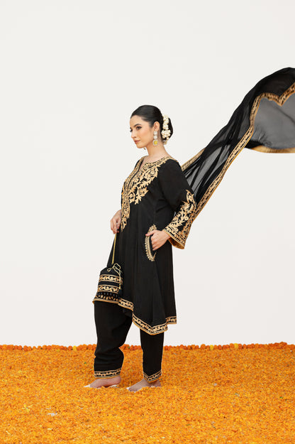 Black Crepe Aari Tilla Suit with Potli
