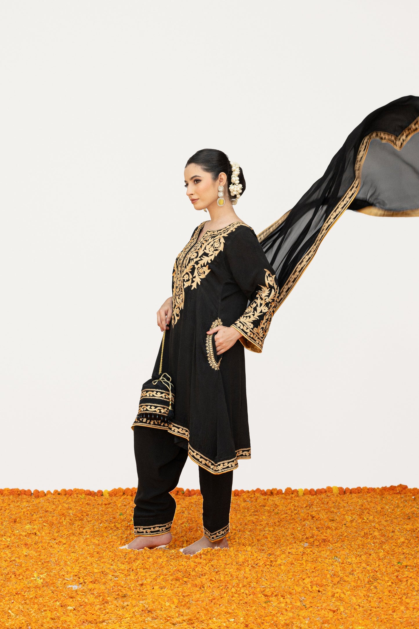 Black Crepe Aari Tilla Suit with Potli