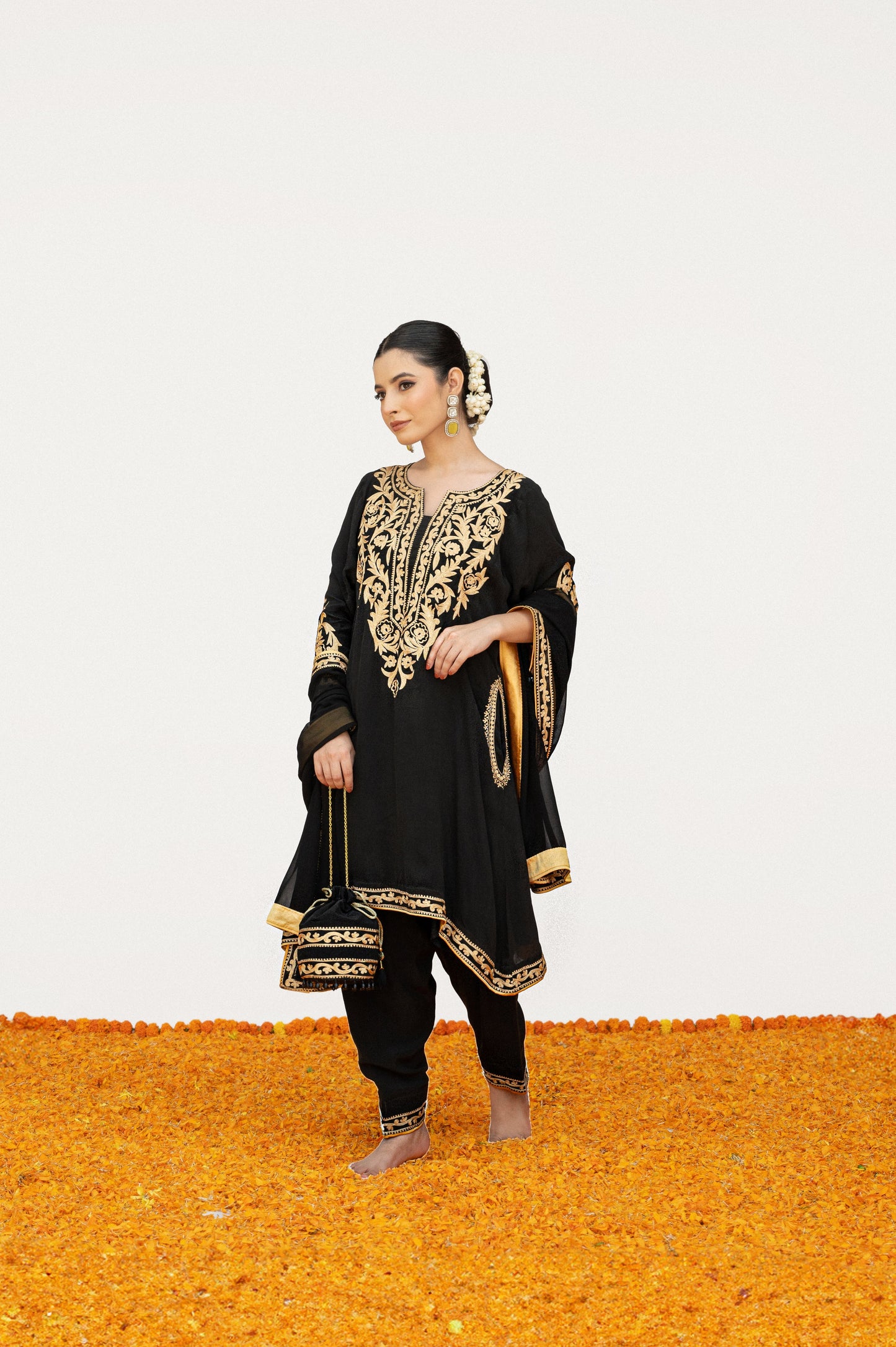 Black Crepe Aari Tilla Suit with Potli