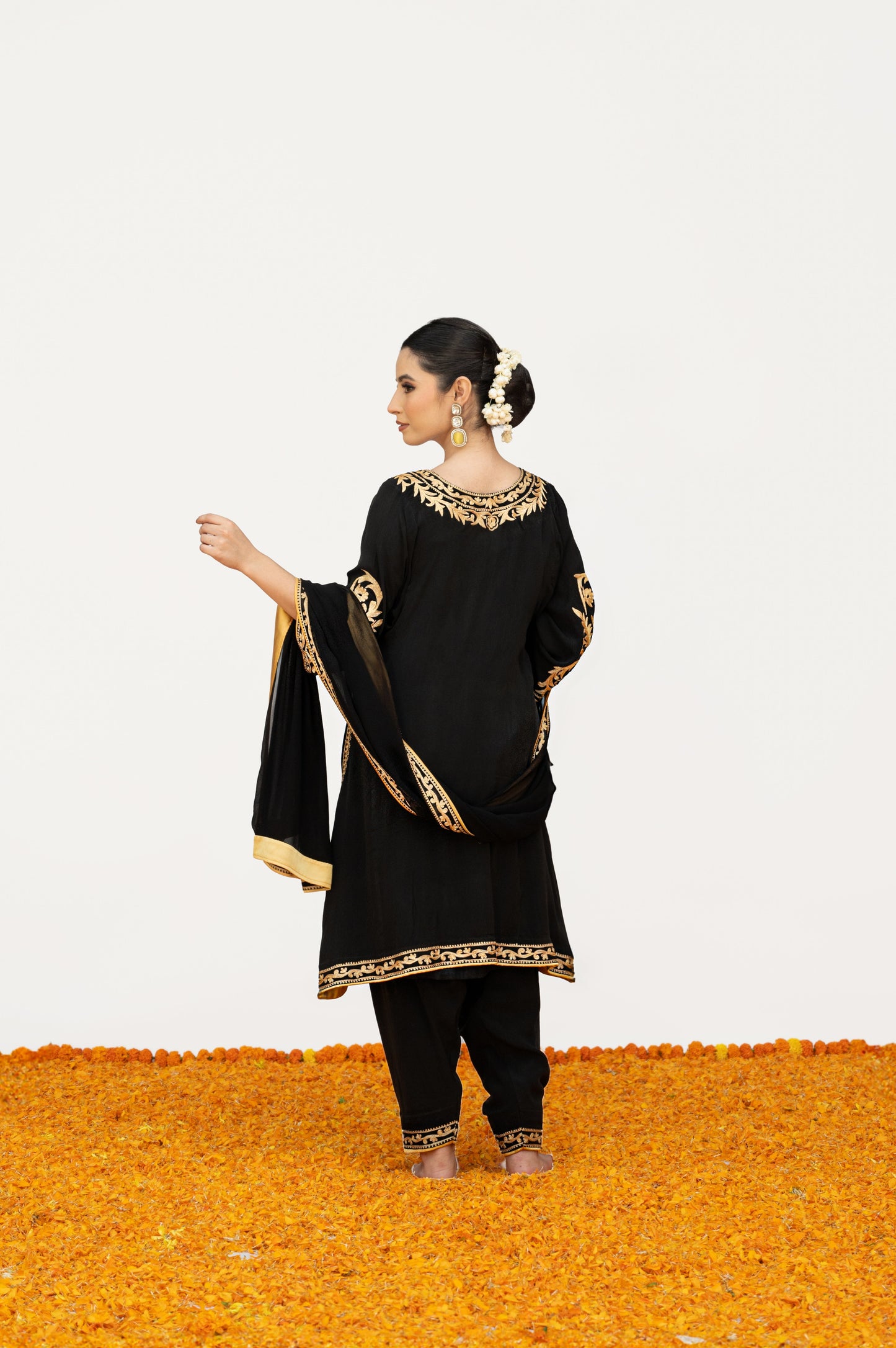 Black Crepe Aari Tilla Suit with Potli