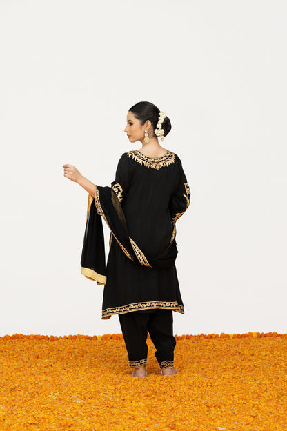 Black Crepe Aari Tilla Suit with Potli