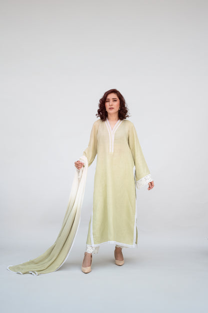 Sage Green Linen Suit with Ombre Dupatta