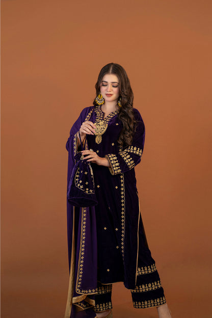 Dark purple velvet aari tilla suit with potli