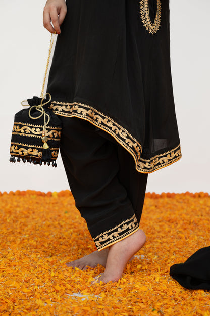 Black Crepe Aari Tilla Suit with Potli