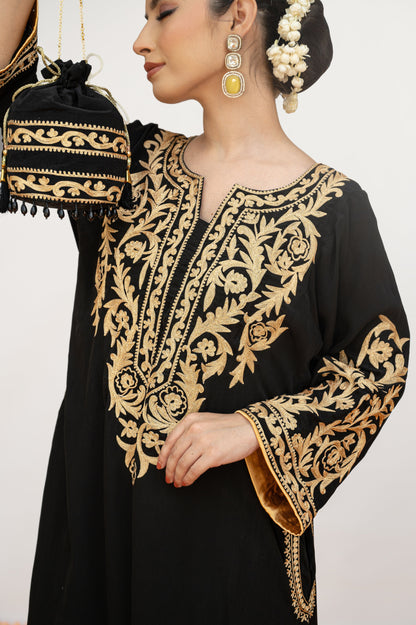 Black Crepe Aari Tilla Suit with Potli