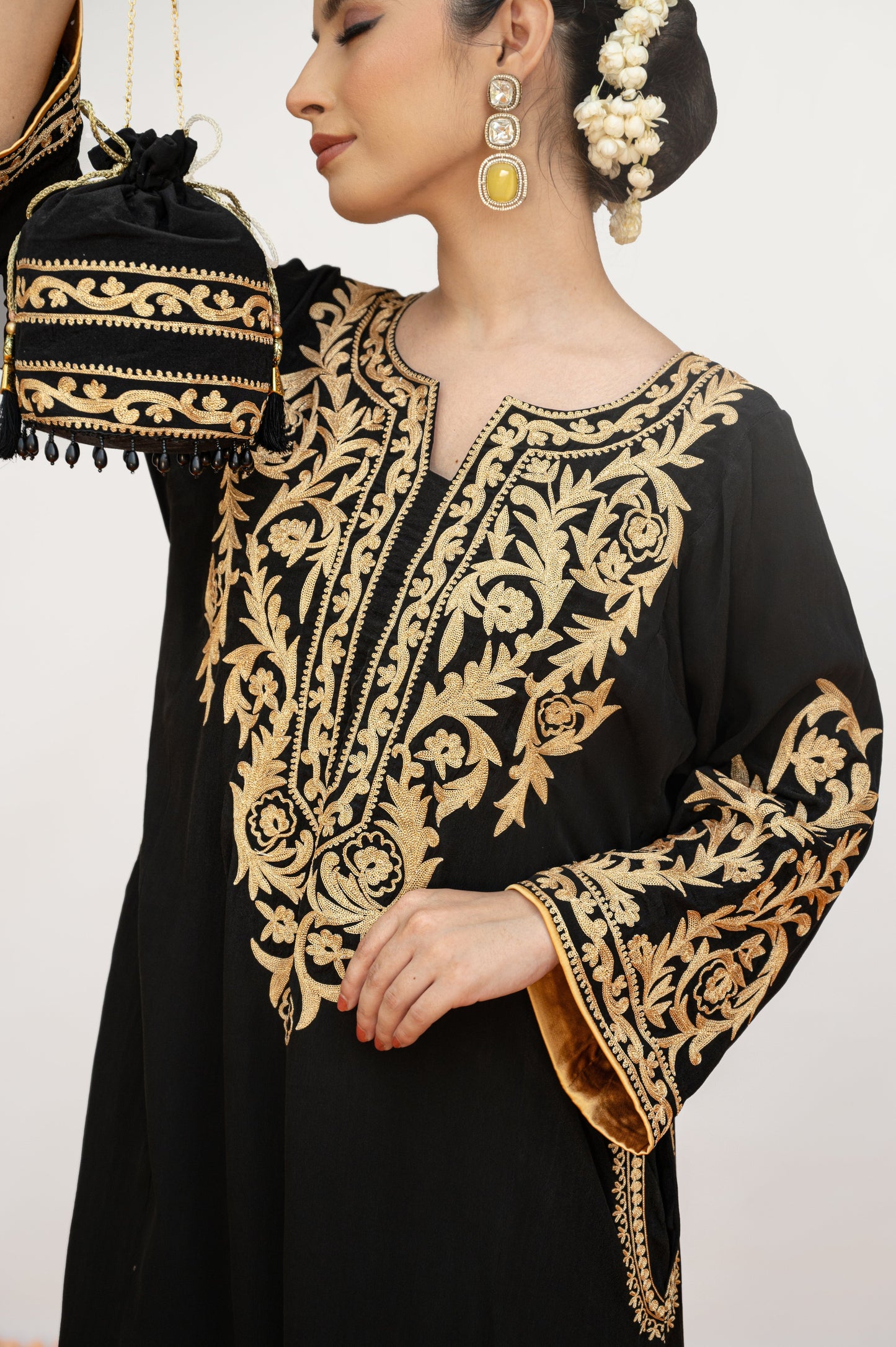 Black Crepe Aari Tilla Suit with Potli