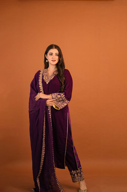 Light Purple Velvet Aari Tilla Suit