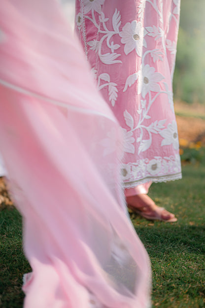 Light pink organza suit with aari embroidery