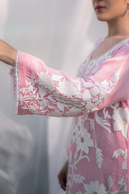 Light pink organza suit with aari embroidery