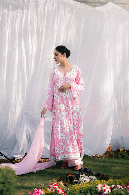 Light pink organza suit with aari embroidery