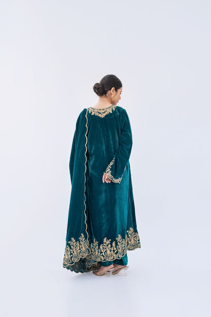 Teal velvet aari tilla scalloping suit