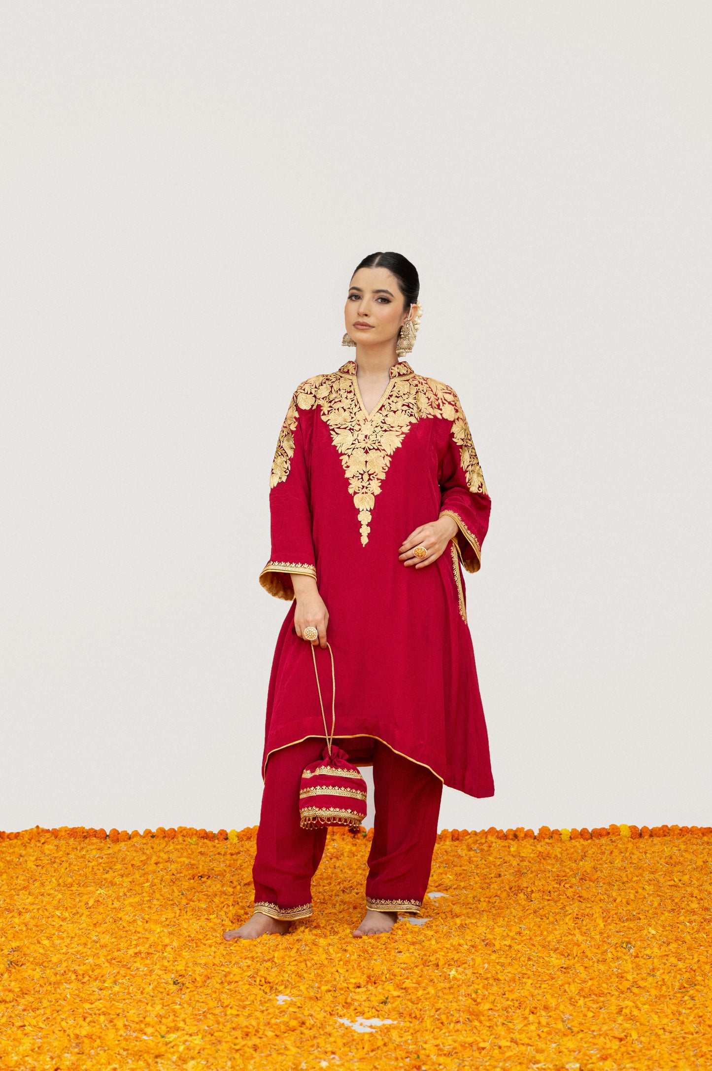 Cherry Red Crepe Aari Shoulder Set with Potli