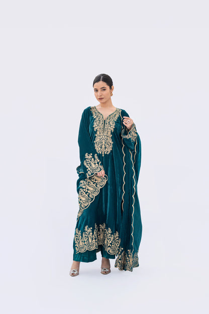 Teal velvet aari tilla scalloping suit