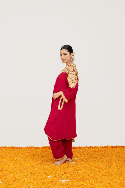 Cherry Red Crepe Aari Shoulder Set with Potli