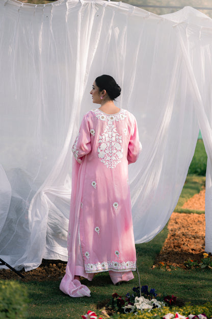 Light pink organza suit with aari embroidery