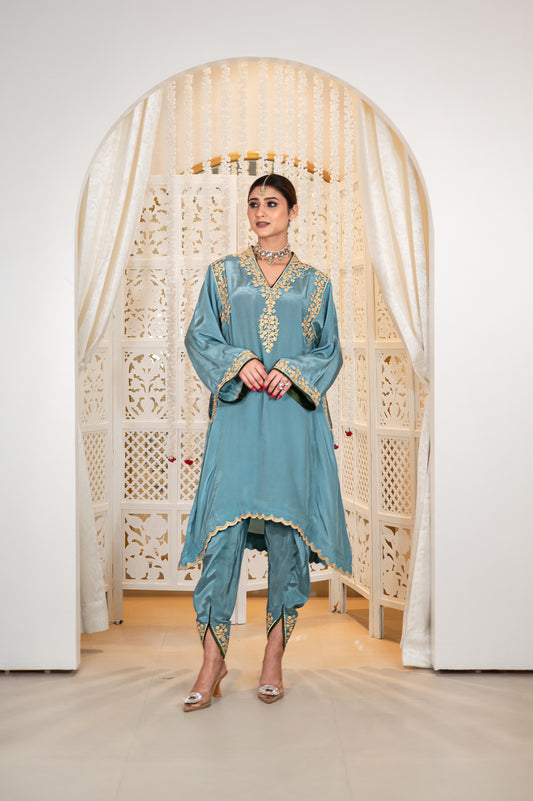Blue Shoulder Phiran w Tulip Pants